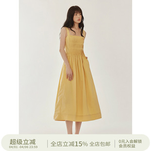 square circle方圆芒果黄风琴褶后背镂空吊带连衣裙 秦岚同款