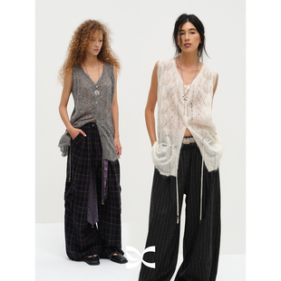 慵懒休闲叠穿毛衣背心上衣 方圆马海毛系带抽绳开衫 Square Circle