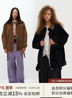 SQUARE CIRCLE 方圆设计感铆钉做旧灯芯绒翻领工装夹克棉服外套