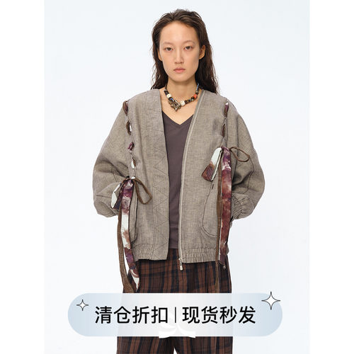 联名印花飘带V领夹克拉链外套