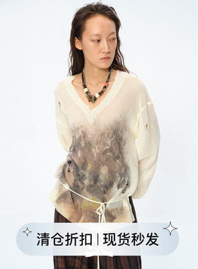 Square Circle 方圆【艺术家联名】印花V领串珠镂空长袖针织衫