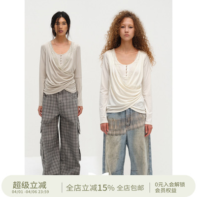 SQUARE CIRCLE 方圆天丝醋酸不规则荡领拼蕾丝收腰慵懒长袖T恤