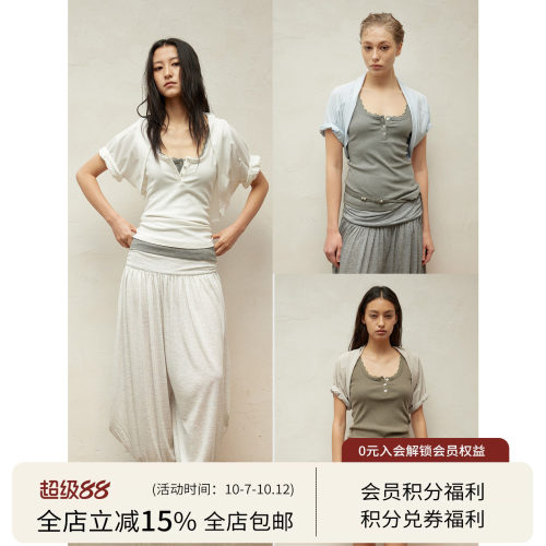 SQUARE CIRCLE 方圆春夏迷你堆堆袖叠穿卷边短袖坎肩休闲短款上衣