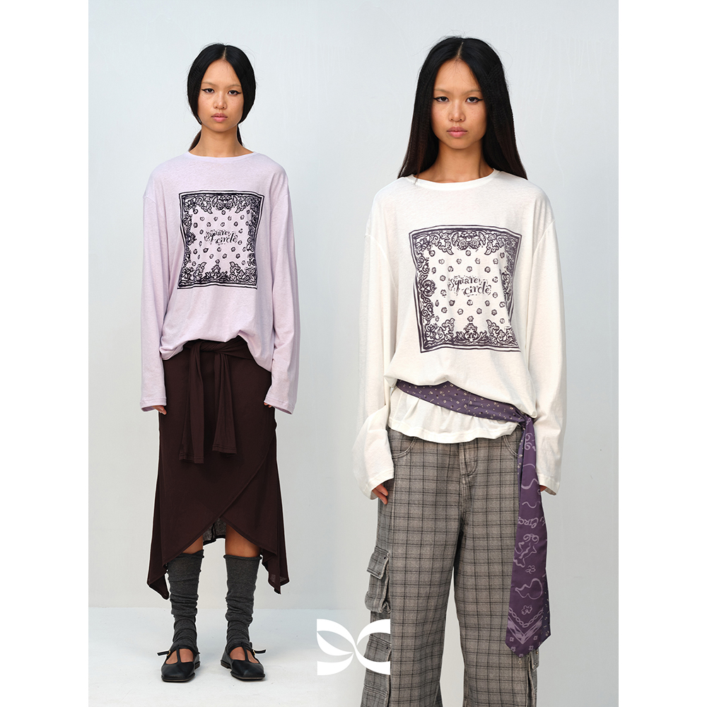 SQUARE CIRCLE 方圆原创设计感图腾植绒印花宽松休闲长袖T恤