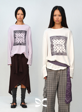 SQUARE CIRCLE 方圆原创设计感图腾植绒印花宽松休闲长袖T恤