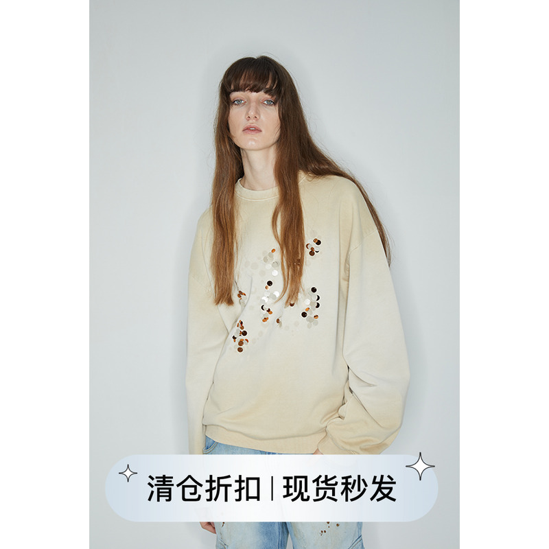 手工钉珠卡其色纯棉废土感卫衣