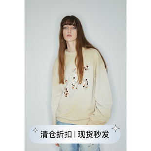 square circle方圆原创印花褪色洗手工钉珠卡其色纯棉废土感卫衣