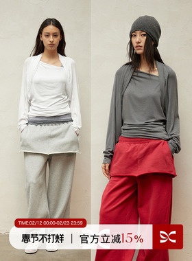 SQUARE CIRCLE 方圆假两件醋酸披肩不规则斜肩收腰显瘦长袖上衣