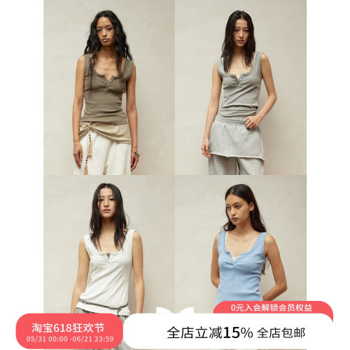 SQUARE CIRCLE 方圆春夏度假感蕾丝领拼接亨利领叠穿工装背心上衣