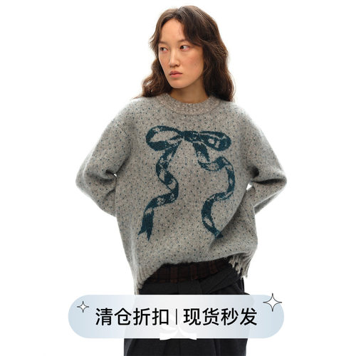 蝴蝶结图案提花袖口毛衣宽松慵懒