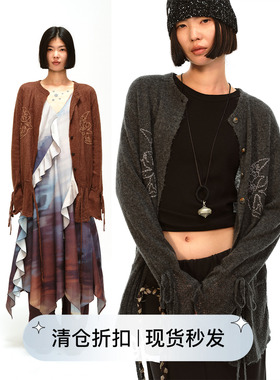 Square Circle方圆绵羊毛羊驼毛燕子原创图案绣宽松抽绳毛衣开衫