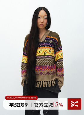 SQUARE CIRCLE 方圆羊毛V领费尔岛提花宽松休闲叠搭长袖毛衣