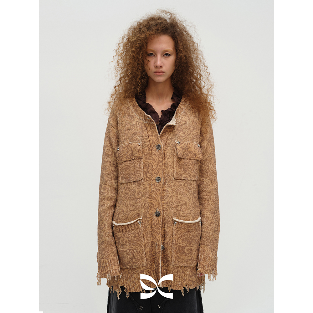 SQUARE CIRCLE 方圆设计感腰果花印花毛边设计针织开衫毛衣外套