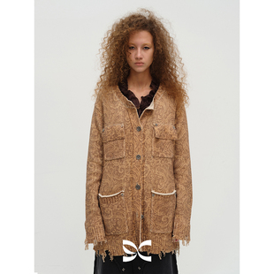 毛衣外套 方圆设计感腰果花印花毛边设计针织开衫 SQUARE CIRCLE