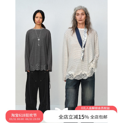 SQUARE CIRCLE 方圆亚麻经典条纹蕾丝拼接系绳百搭休闲长袖T恤