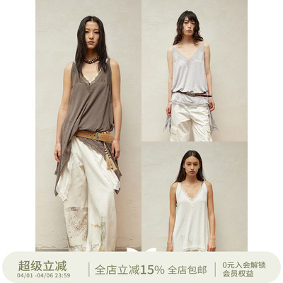 SQUARE CIRCLE 方圆V领蕾丝亚麻度假感叠穿中长款吊带背心上衣