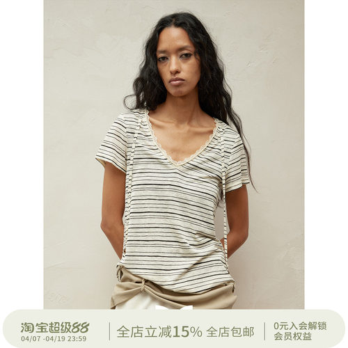 SQUARE CIRCLE 方圆V领蕾丝拼接撞色条纹串珠系带收腰休闲短袖T恤