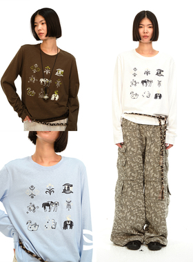 squarecircle方圆九宫格原创设计图案刺绣汉麻棉宽松长袖圆领T恤