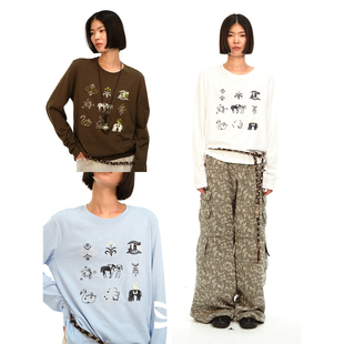 squarecircle方圆九宫格原创设计图案刺绣汉麻棉宽松长袖 圆领T恤