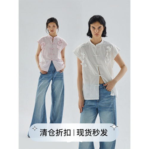 新中式手工盘扣花瓣短袖纯棉衬衣