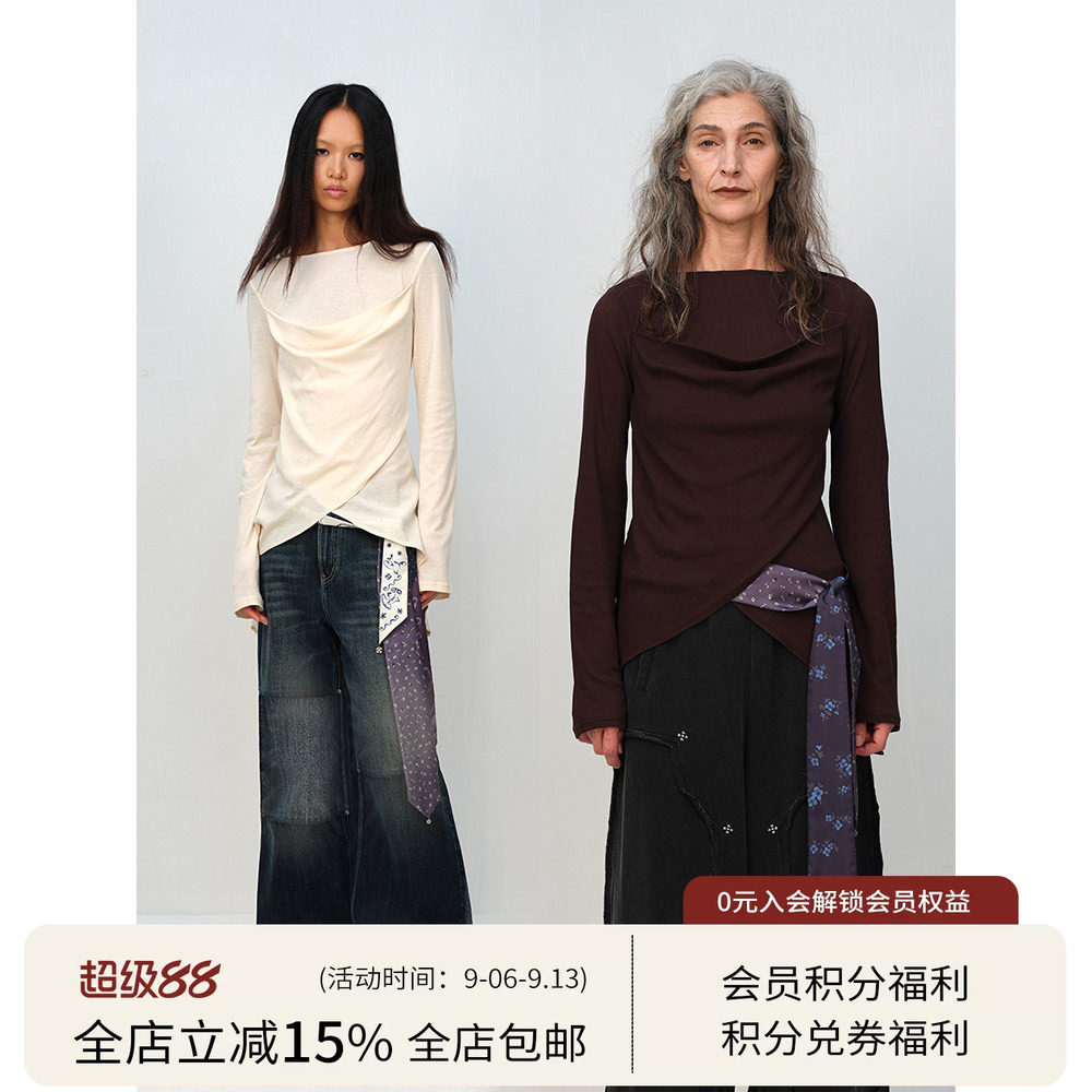Square Circle 方圆设计感荡领不规则交叠下摆慵懒叠穿长袖T恤图片