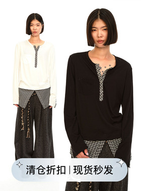 Square Circle方圆小众设计修身宽松显瘦气质拼接黑白格纹长袖