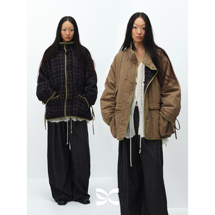 格纹宽松时髦棉服外套 方圆设计感正反两穿复古工装 SQUARE CIRCLE