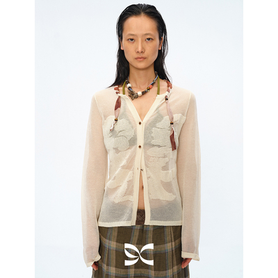 手工穿绳串珠陶瓷扣提花针织开衫