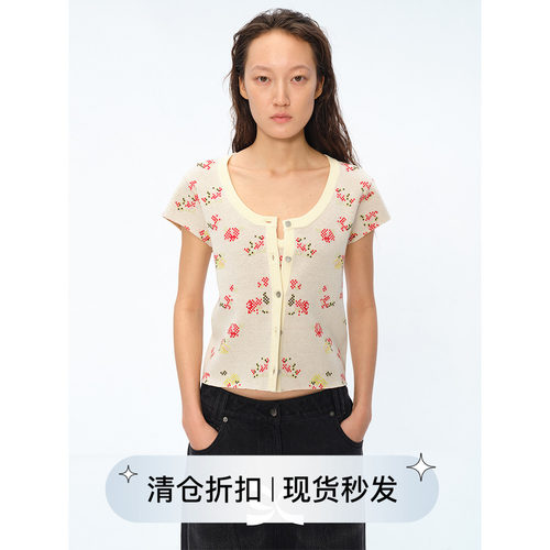 Square Circle方圆碎花提花针织吊带背心短袖上衣开衫两件套