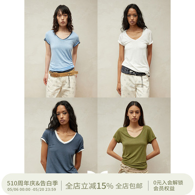 SQUARE CIRCLE 方圆亚麻多色基础V领休闲叠搭春季女短袖多色T恤