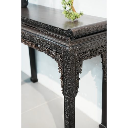 紫光檀西番莲满雕翘头案条案红木餐桌东非黑黄檀餐桌红木家具红木