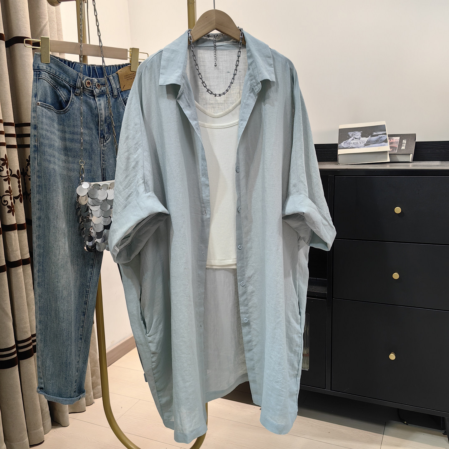 浅蓝色苎麻五分袖衬衫女中长款慵懒风蝙蝠袖上衣春夏新款防晒外套