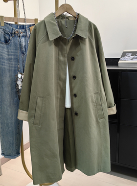 绿色纯棉风衣外套女春秋新款韩系休闲气质百搭复古宽松长款大衣潮