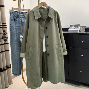 绿色纯棉风衣外套女春秋新款 大衣潮 韩系休闲气质百搭复古宽松长款