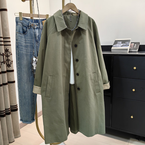 绿色纯棉风衣外套女长款大衣