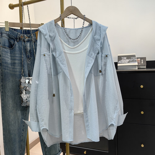 肌理感连帽衬衫女2025夏季新款宽