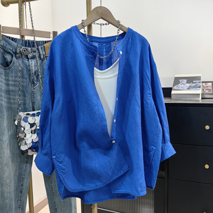 圆领开衫 宽松设九分袖 亚麻上衣潮 女春夏新款 克莱因蓝天丝防晒衬衫