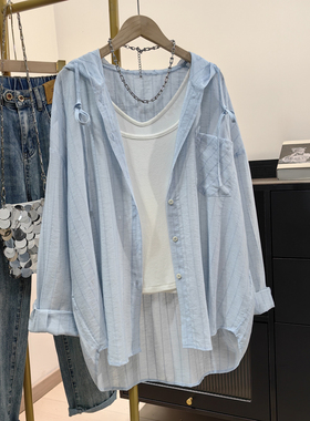 轻薄透气蓝色连帽衬衫防晒衣防紫外线2025夏季新款宽松上衣空调衫