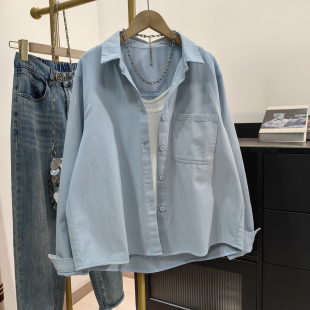 叠穿上衣 女浅蓝宽松翻领小个子复古休闲百搭秋季 全棉抓绒短款 衬衫