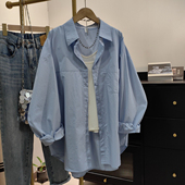 上衣开衫 蓝色纯棉衬衫 韩系休闲宽松长袖 2025春秋新款 外套 女落肩袖