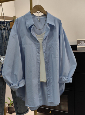 蓝色纯棉衬衫女落肩袖2025春秋新款韩系休闲宽松长袖上衣开衫外套
