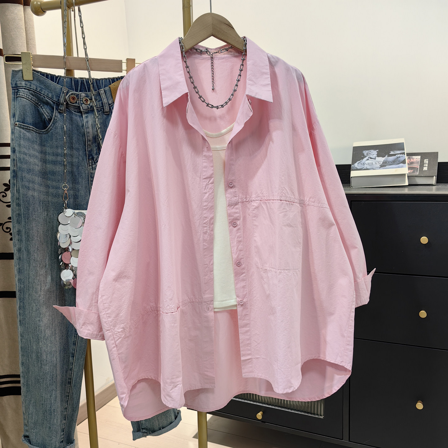 玫粉色全棉长袖衬衫女春夏新款韩系休闲中长款慵懒风防晒上衣外套