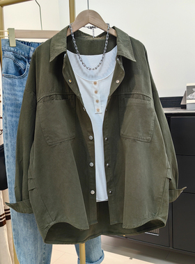军绿色工装衬衫外套女宽松秋季新款设计感休闲百搭纯棉衬衣开衫潮