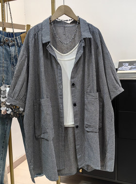 全棉细格子短袖衬衫女夏新品韩系