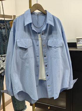 2026春新款蓝色全棉衬衫女中长款宽松慵懒风工装口袋长袖休闲衬衣