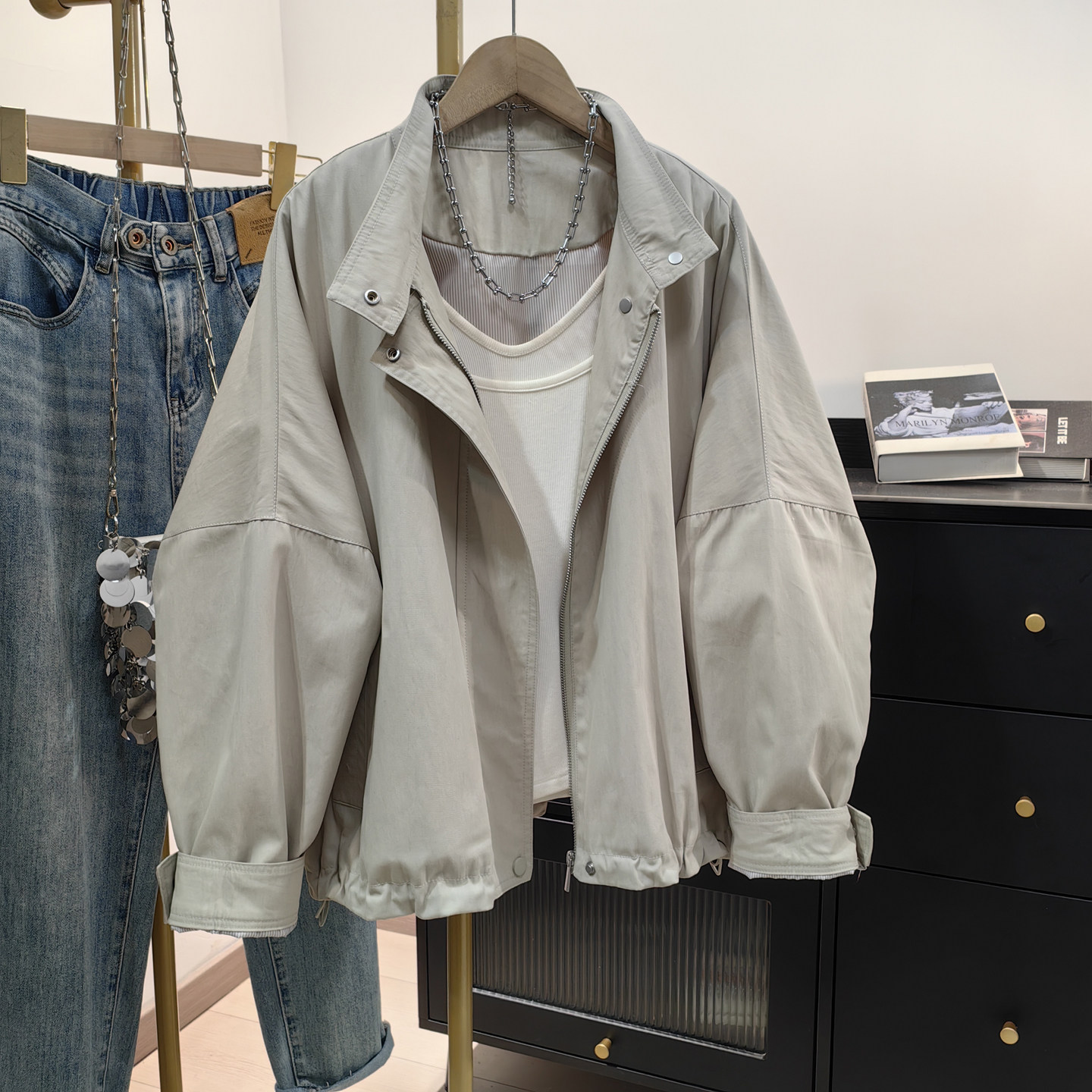 韩系慵懒工装夹克女春新款宽松立领休闲蝙蝠袖小个子短款风衣外套