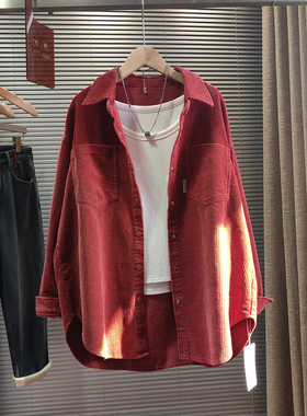 红色灯芯绒衬衫外套女宽松春秋新款休闲百搭中长款叠穿衬衣开衫潮