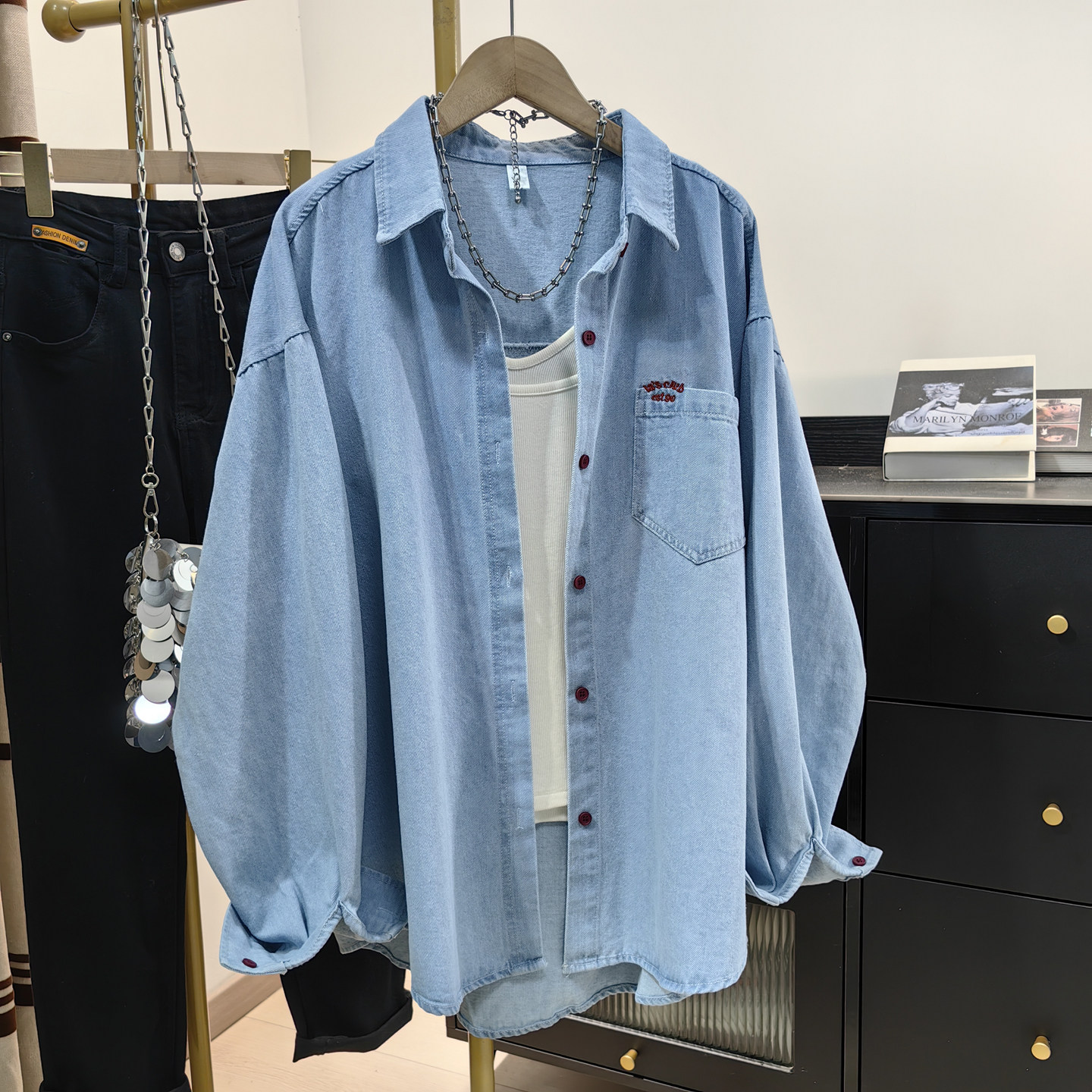 浅蓝色全棉水洗牛仔衬衫女春秋新款韩系休闲宽松叠穿衬衣百搭外套