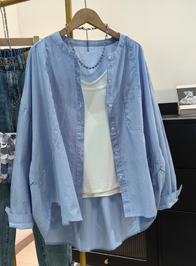 蓝色竖条纹纯棉衬衫女圆领长袖上衣春夏新款韩系休闲大版宽松外套