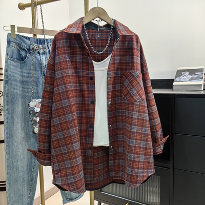 复古港风红格纹毛呢衬衫女秋冬